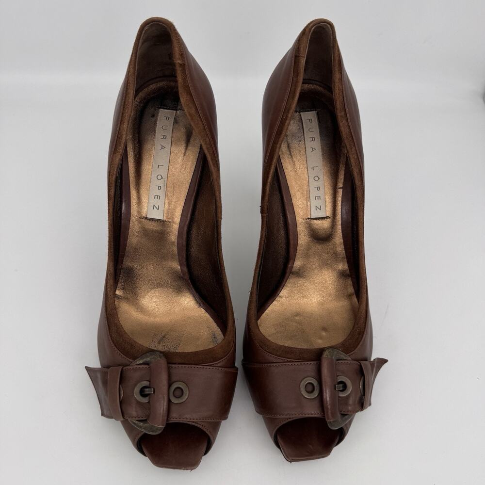 Pura Lopez Womens Leather Buckle Heel Shoes Size‎ US 9 Brown Open Toe Y2K Office